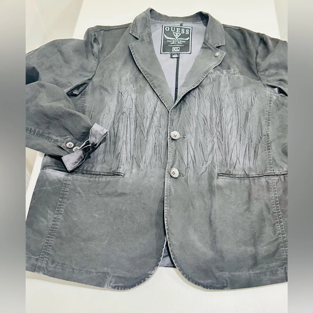 Vintage GUESS Men's Cotton Blazer Jacket XL Black‎ Distressed Crinkle Y2K Grunge